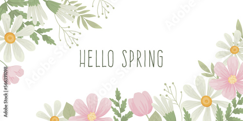 Hello Spring background with blossomed flowers. Banner with floral decoration, gentle blooming plants, leaves, petals. Delicate floristic horizontal card with garden flora. Flat vector illustration