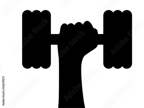 Person holding up in his hand a dumbbell symbol. Vector. Gym logo.