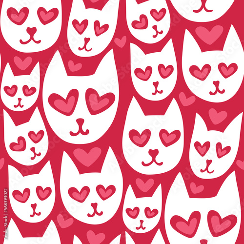Seamless pattern with cute white cats with love in their eyes