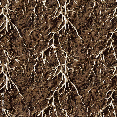Seamless  pattern. Potent rhizomes  against the background of brown soil. Texture monochrome