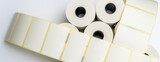 Rolls of white labels isolated. Labels for direct thermal or thermal transfer printing. Blank sticky label roll for thermal transfer printing pirce criss. 