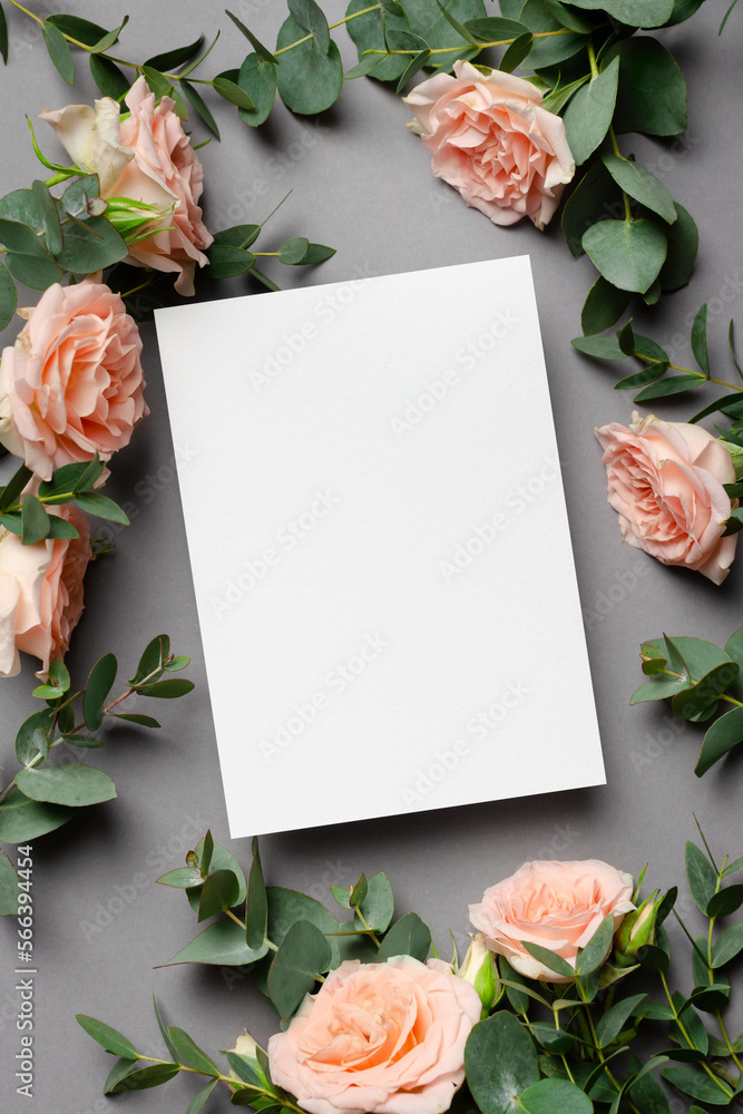 Wedding invitation or save the date card mockup with fresh roses flowers