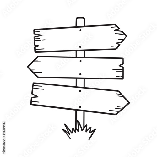 Wooden road sign doodle. Wooden direction sign and arrows in sketch style.  Hand drawn vector illustration isolated on white background.