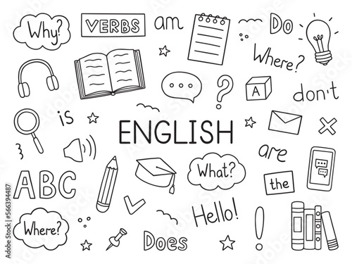 Learning English doodle set. Language school in sketch style. Online language education course. Hand drawn vector illustration isolated on white background