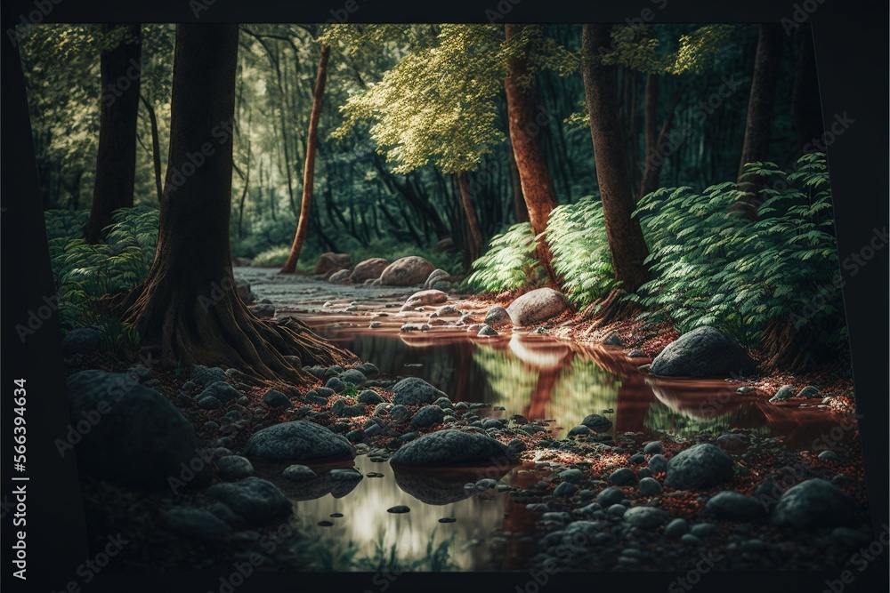 Premium AI Image  A stream in the forest with rocks and trees