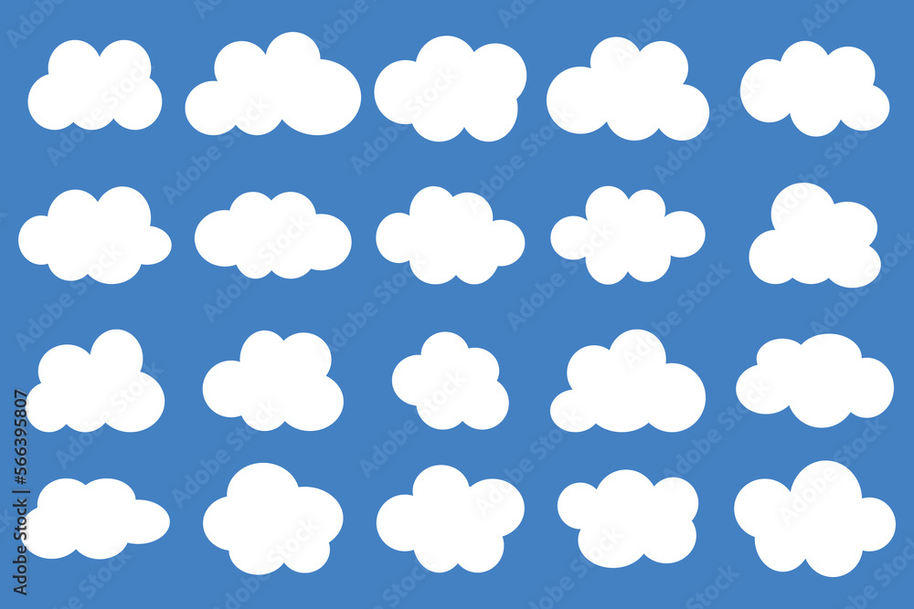 Flat cloud shape vector icon set on blue background. Flat cloud shape vector icon set on blue background.