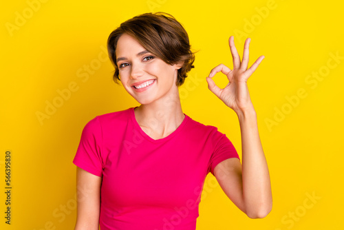 Fotografi Photo of positive satisfied pretty lady wear pink clothes hand demonstrate okey