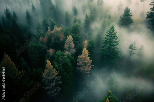 Aerial view of a misty forest © Paul