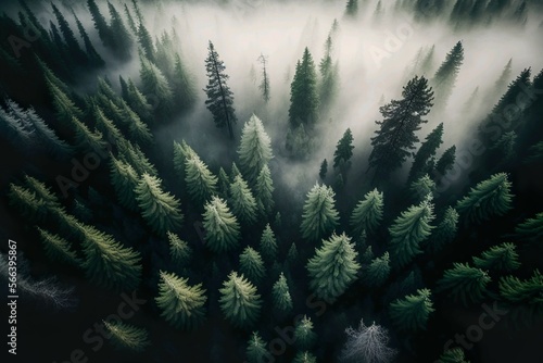 Aerial view of a forest in the fog