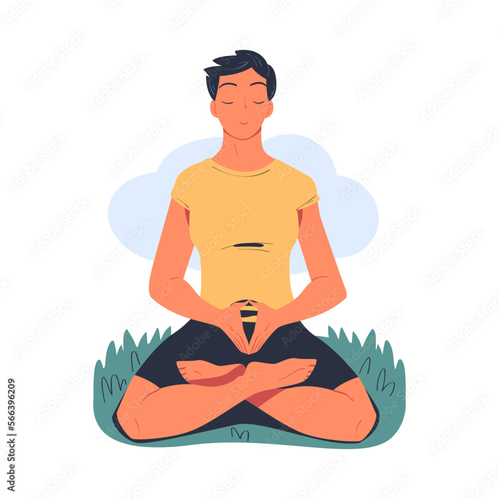 Peaceful young woman meditating while sitting in lotus position on nature. Meditation practice, harmony, healthy lifestyle cartoon vector illustration
