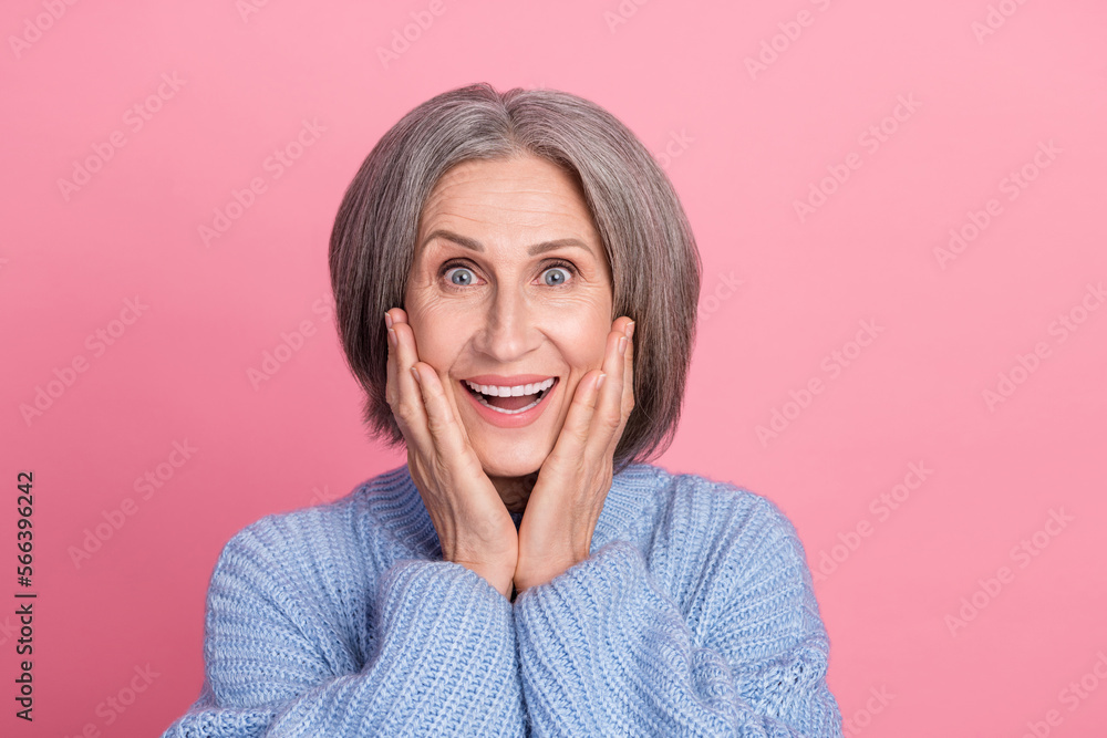 Photo of glad adorable senior lady open mouth rejoice impressed beaming smile veneers isolated on pink color background Photo of glad adorable senior lady open mouth rejoice impressed beaming smile veneers isolated on pink color background