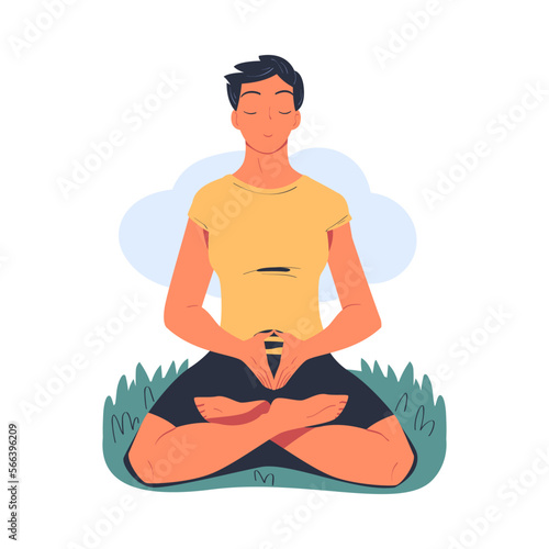 Peaceful young woman meditating while sitting in lotus position on nature. Meditation practice, harmony, healthy lifestyle cartoon vector illustration