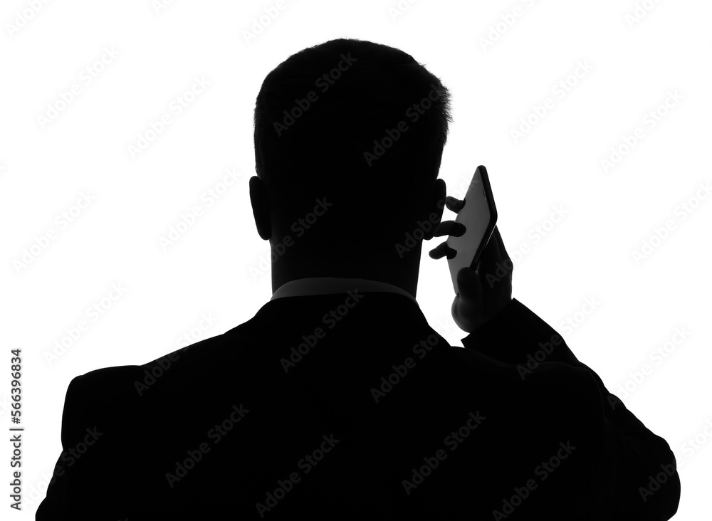 Silhouette of businessman talking by mobile phone on white background, closeup