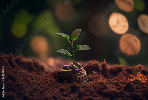 seedling growing on a pile of coin. Illustration Generative AI