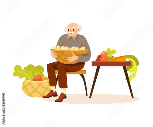 Senior Man Seller at Farmer Market Selling Fresh Local Product Vector Illustration