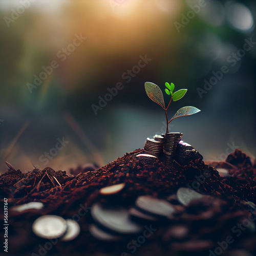 A seedling growing on a pile of coins has a natural back. Illustration Genera...