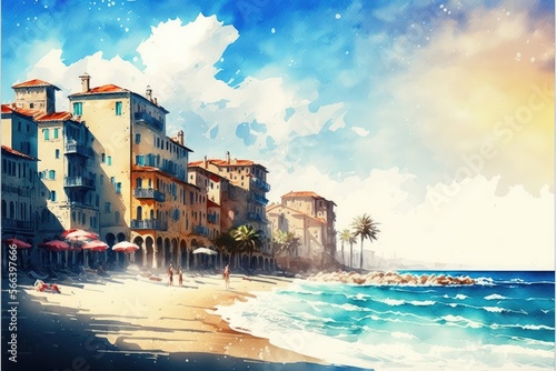 Old Italian town, sea coast, watercolor. Generative AI.