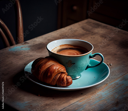 morning background. invigorating coffee and a fresh croissant. Illustration G...