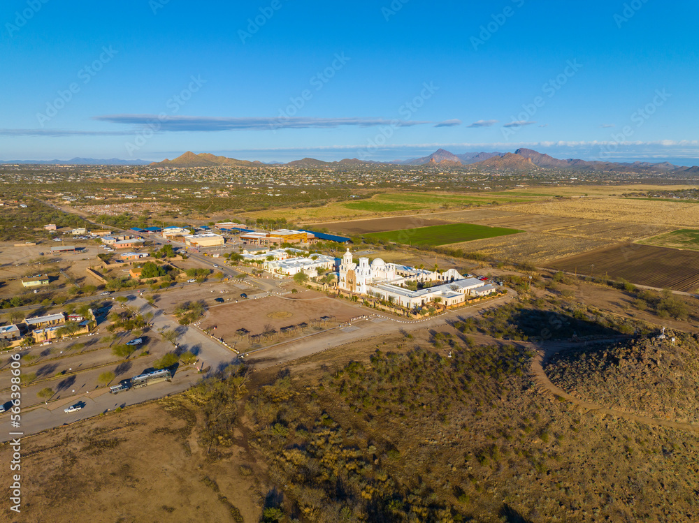 Obraz premium Mission San Xavier del Bac aerial view in Tohono O'odham Nation Indian Reservation near city of Tucson, Arizona AZ, USA. 
