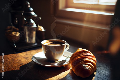 morning background. invigorating coffee and a fresh croissant. Illustration G...