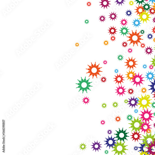 Colored rainbow decorative circles are scattered on a white background