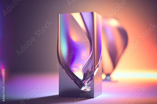 Abstract Holographic multi-colored crystals with rays and waves of light on the black background of different shapes. Generative AI 3d art illustration.