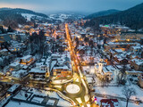 Aerial view of Krynica Zdroj City and Beskid Sadecki Mountains from a drone