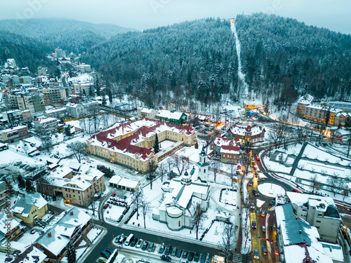 Aerial view of Krynica Zdroj City and Park Mountain from a drone © sanzios