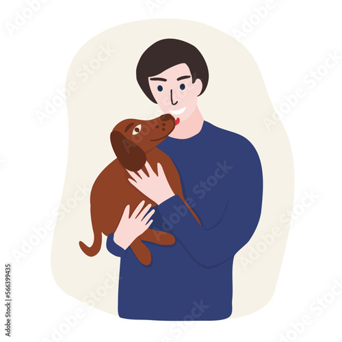 Happy man holding on hands a cute puppy dog, human and pet concept vector illustration