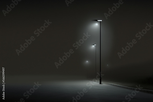 Streetlight on a foggy and dark parking lot