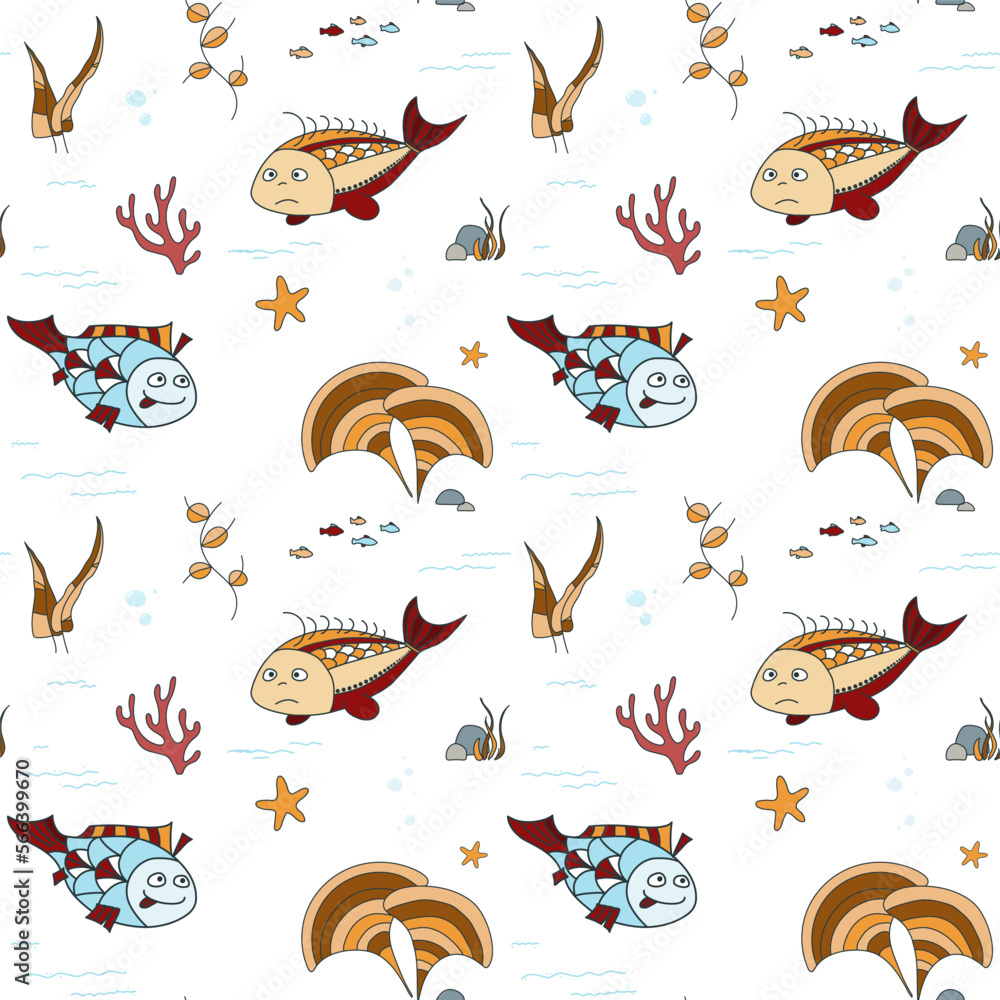 Obraz premium Underwater world. Funny fish, seaweed, starfish in cartoon style. Seamless vector pattern for children's textiles, packaging, wrapping.