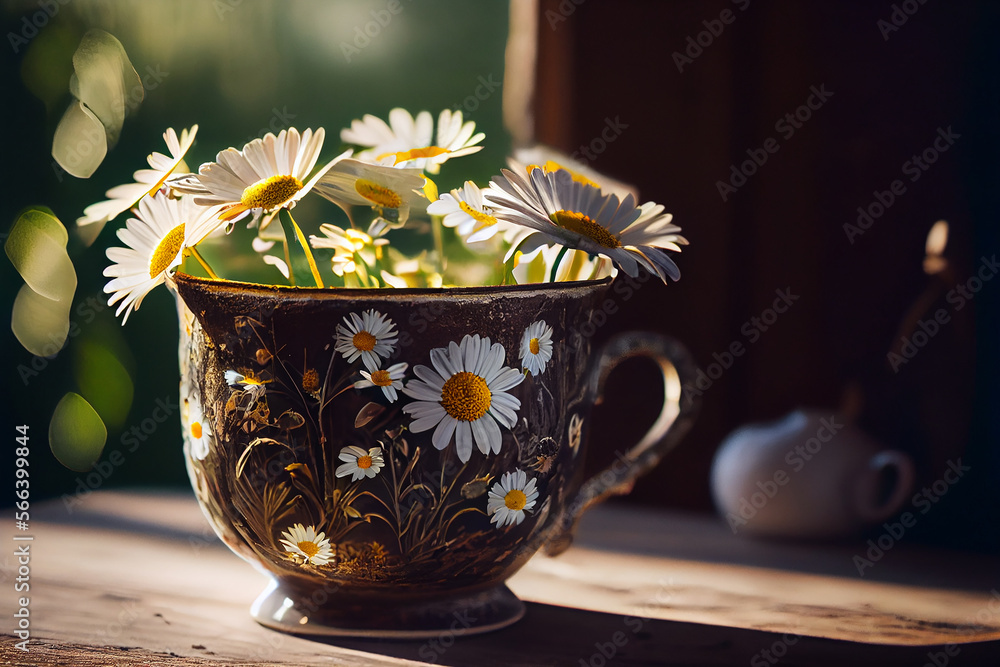 Beautiful summer daisies in a cup. Illustration Generative AI Beautiful summer daisies in a cup. Illustration Generative AI