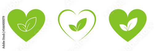 Green leaf in the heart. Set of illustrations