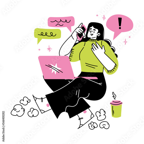 Bild auf Leinwand Woman on Freelance at Laptop with Coffee and Speaking Phone Vector Illustration