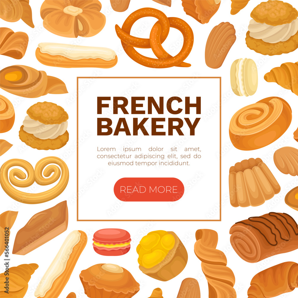 French Bakery and Pastry Banner Design with Sweet Dough Products Vector Template French Bakery and Pastry Banner Design with Sweet Dough Products Vector Template