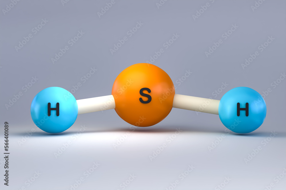 Hydrogen sulfide. H2S water molecule as model. Sulfur and hydrogen