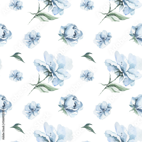 Canvas-taulu Watercolor  pattern of dusty  blue peony flowers and leaves