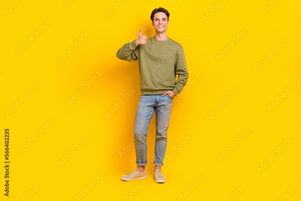 Fototapeta premium Full length photo of positive cheerful person hand finger demonstrate thumb up isolated on yellow color background