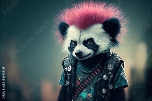 Created with Generative AI technology. Shot of an animal punk rocker. Panda dressed as a rocker photo
