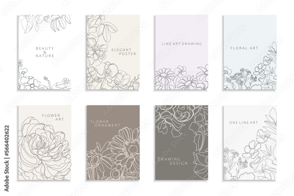 Collection of delicate floral covers, templates, placards, brochures, banners, flyers and etc. Colorful outline backgrounds, postcards, posters, invitation. Elegant cards with drawing flowers