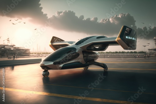 Future of urban air mobility, city air taxi, UAM urban air mobility, Public aerial transportation, Passenger Autonomous Aerial Vehicle AAV in futuristic city, Generative AI
 photo