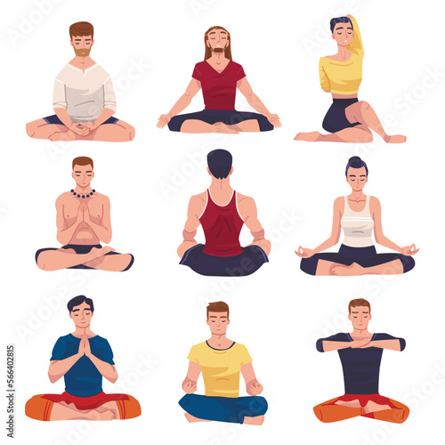 People Character Doing Meditation Sitting in Lotus Pose Practicing Mindfulness Vector Set