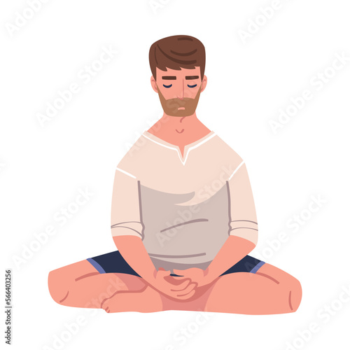 Bearded Man Character Doing Meditation Sitting in Lotus Pose Practicing Mindfulness Vector Illustration