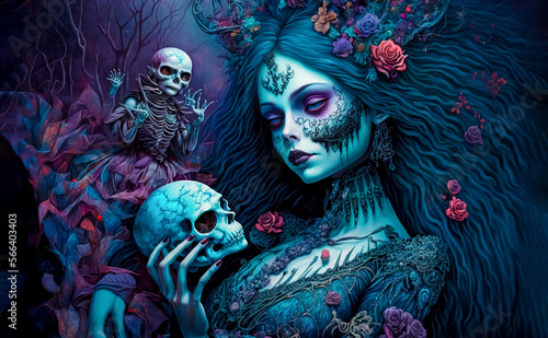 A beautiful and creepy witch with blue eyes, surrounded by skeletons and zombies, holds a skull and prepares to cast a magic spell. Mystical nightmare concept. generative ai