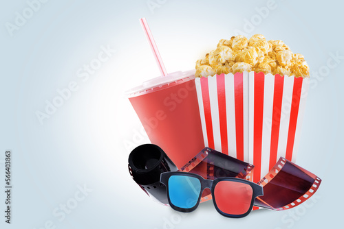 Popcorn box; disposable cup for beverages with straw, film strip. Cinema Design Template background