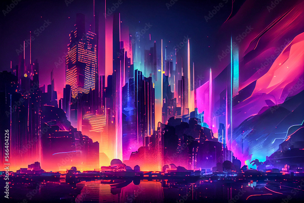 neon abstract mega city with light night never sleep, neon core concept, Generative AI	