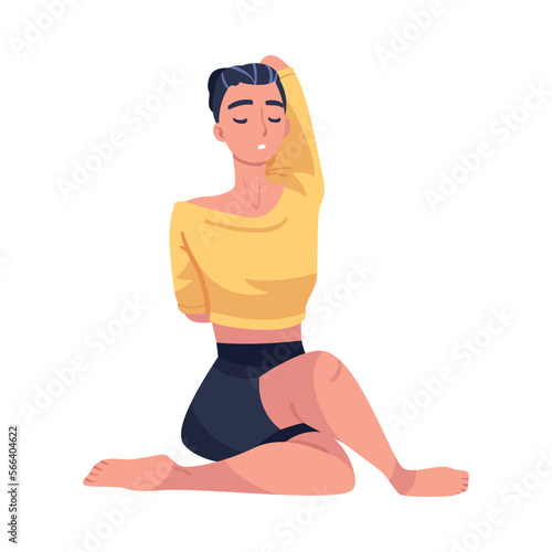 Woman Character Doing Meditation Sitting in Lotus Pose Practicing Mindfulness Vector Illustration