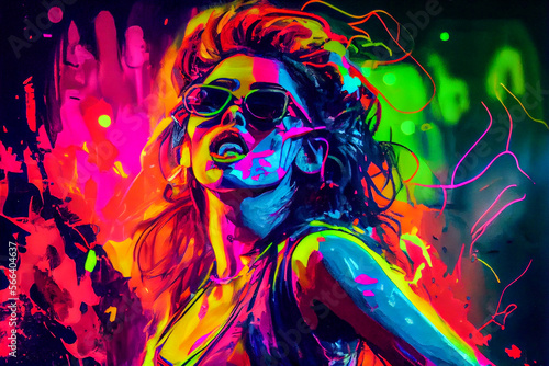 handsome neon girl dancing at the rave party with fluorescent paintings, color concept, Generative AI