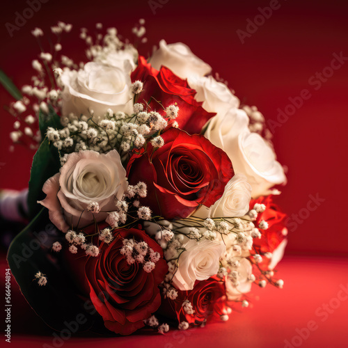 bouquet of red roses with sprigs of gypsophila for Sint Valentin, lovers' day © joris