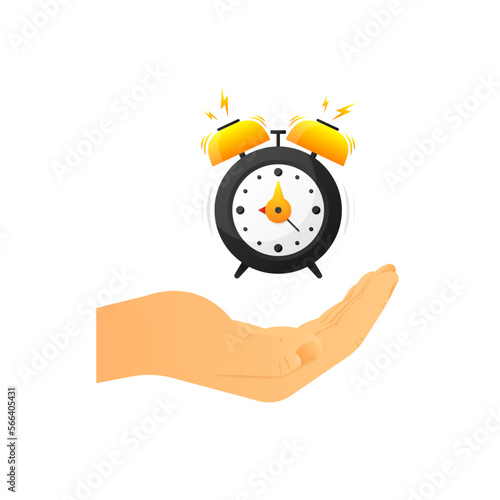 Alarm clock. Wake up time. Loud signal to wake up in the morning. Getting up in the morning or waking up. Mechanical signaling bell. Vector illustration.